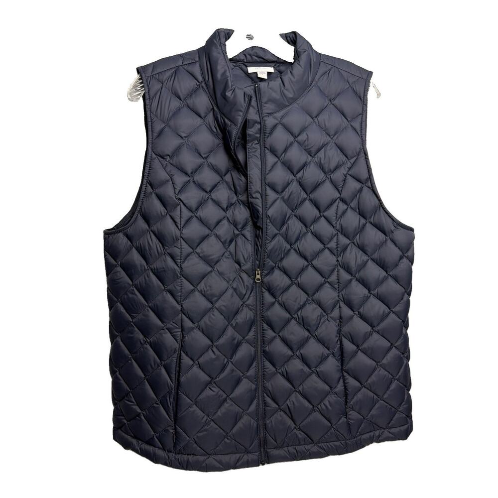 J. Jill Down Filling Puffer Vest Womens L Navy Basic Quilted Mock Neck Full Zip